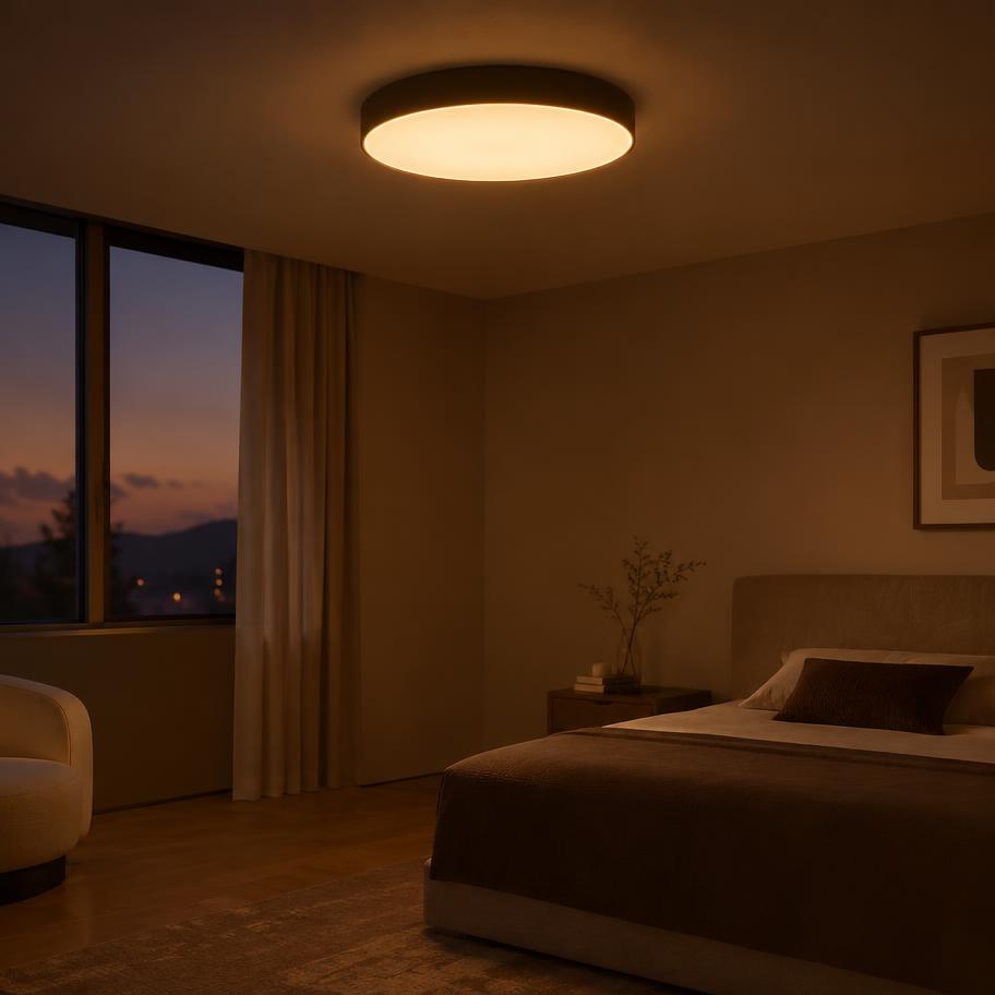 Warm modern ceiling light in a minimalist bedroom