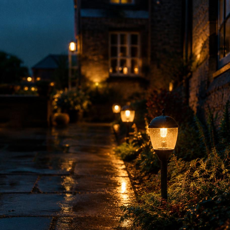 Garden path lights glowing in a UK courtyard at night