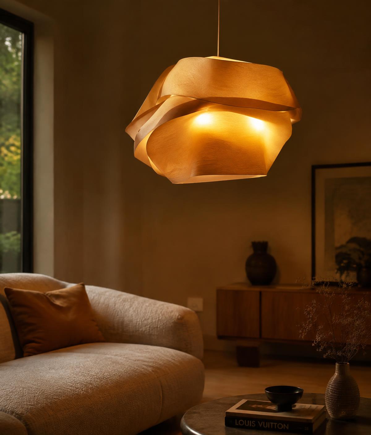Warm sculptural pendant lamp glowing in a cosy living room